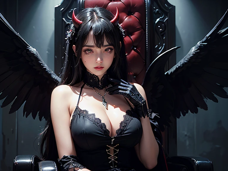 8K raw photo, Best quality, masterpiece, ultra high res,colorful,(photorealistic:1.4),raw photo, neonlight\(ttp\),1girl,solo,(perfect body shape),evil and beautiful, playful, smile, red eyes, (blood), dynamic angle, lying on throne, mystical, fanatic, intricate, surreal, delicate, wearing armored gothic dress,cinematic lighting, perfect face
