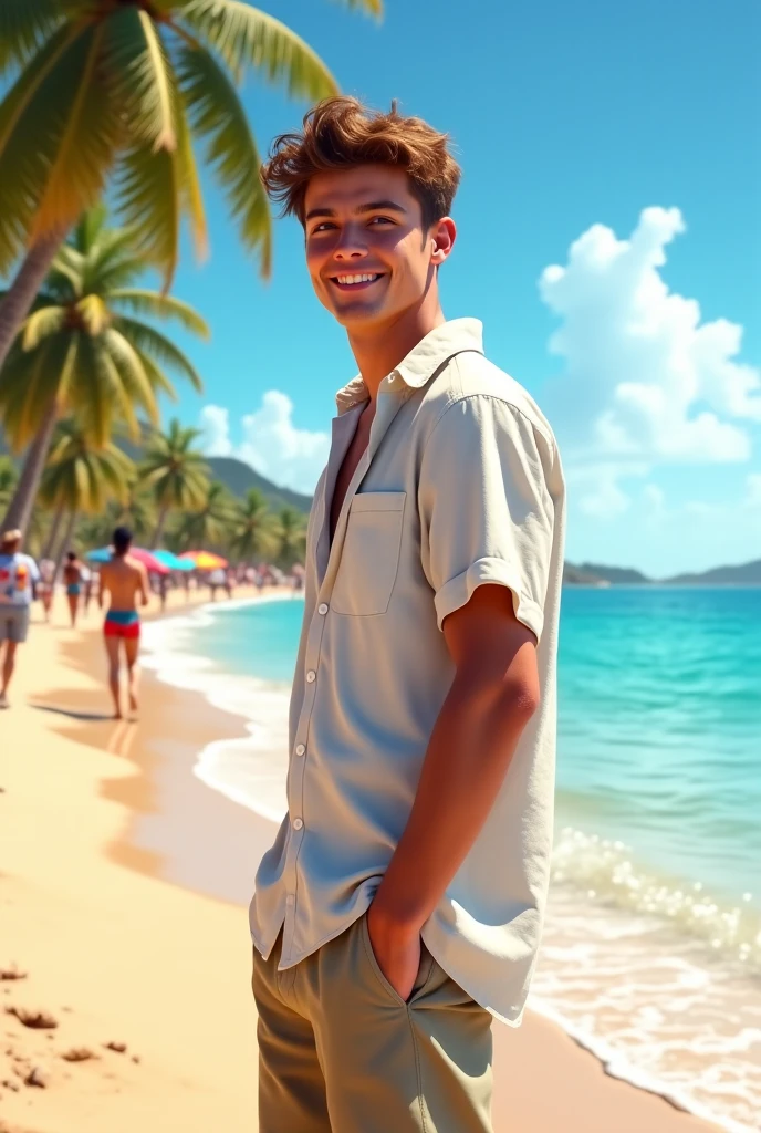 
A photorealistic portrait of a 21 year old Italian man, dark brown with striking light eyes at the beach with his friends. Capture this image with a high-resolution photo using an 85mm lens for a flattering perspective