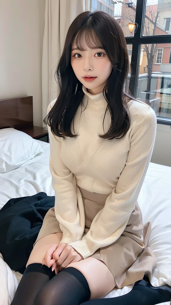 top-quality、Top image quality、masterpiece、fully body photo、25 years old women、dark brown medium wavy hair、bangss、Beige turtleneck sweater、long flare skirt long boots、Black stockings、Big breasts,、laying on a couch、((Open knees、Open both knees、Lifting the skirt with your hands、Show panties))、Light blue panties are visible、((Puffy nipple))、soft boob、、Kamimei、 Shy laughter、Hotel room with sea view