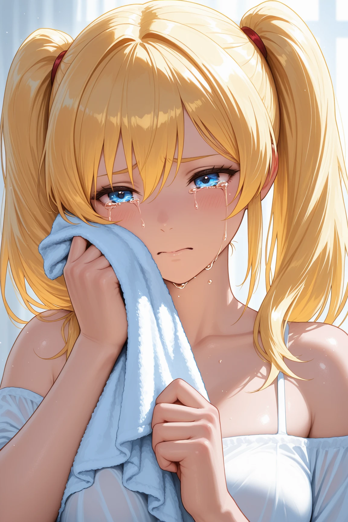 nsfw,(Petite),(A cute boy),blonde low twintails,lips,(Handjob voyeur),Sweat,White Breath,Audience peering from above,On all fours,(Drooling),camisole,((Mouth overflowing with sperm)),Joyful expression