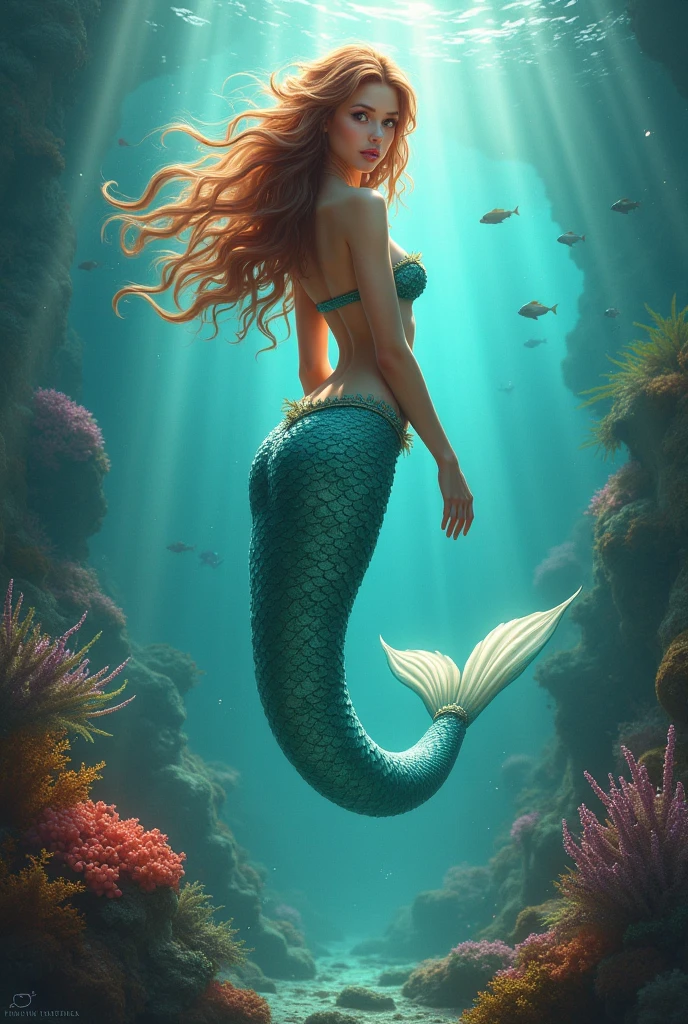 Half-human merwoman with red hair swimming in the depths of the ocean
