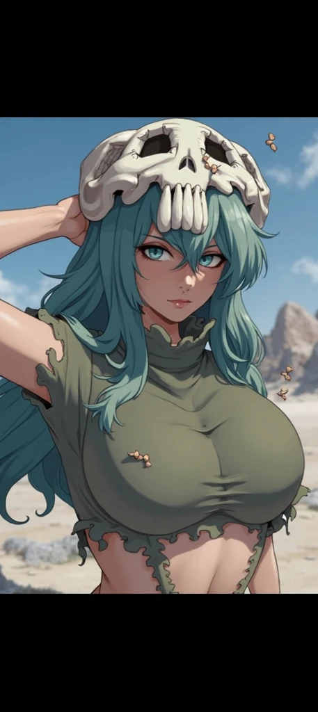 award-winning photography, ultra realistic, 1girl, gigantic massive breast large long nipples, neliel, green eyes, green hair, torn clothes, facial mark, barefoot, long hair, skull, (full body shot:1.1), matte eyeshadow, eyelashes, eyeliner, ultra glossy lips, (pouty lips:1.2), makeup, blush, (skindentation), detailed clothes, beautifully detailed woman, extremely detailed eyes and face, beautiful detailed eyes, (bokeh, UHD, HDR, highres, ultra detailed, intricate details, textural effects, absurdres, masterpiece, 8k:1.2),