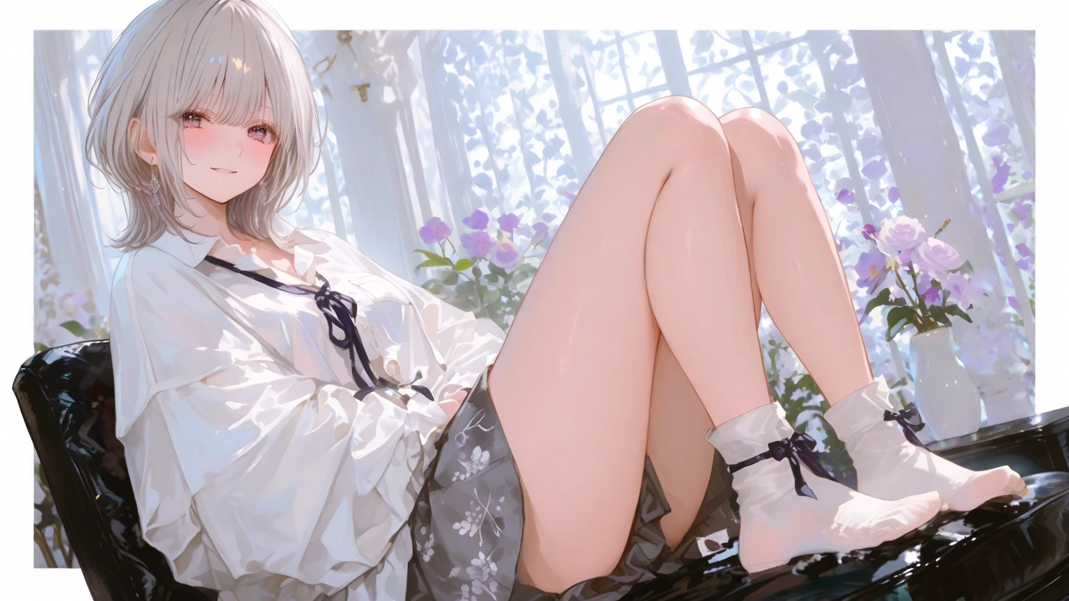 Kasugano Sora, 18 year old Japanese girl，Mature and slim figure, Slightly messy hair, Full body photo from head to toe, blush, Shy expression, Composition as seen from the front, Compose from slightly below, Front view sitting face to face, Legs spread in M shape, Black pantyhose, (Black pantyhose): 1.2), white underwear visible, Small Breasts, white underwear visible, No shoes, bedroom, In the room, daytime, Looking at the audience, , Frontal composition, Looking at the audience, Long legs, Slender thighs, Slender toes touch the floor, Short pleated skirt with plaid pattern on the soles, Hands hidden behind back, High suit jacket , High school girl