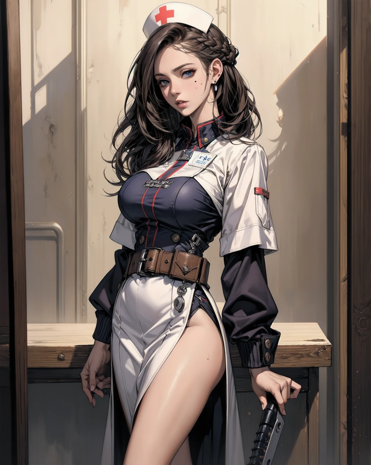 beautiful kim kardashian with long curly hair, wearing lab coat and with stethoscope, huge chest tiny waist hourglass figure, standing and full body inside research facility, character portrait, 1 9 6 0 s, long hair, intricate, elegant, highly detailed, digital painting, arts station, concept art, soft, sharp focus, illustration, art by wlop, charlie bowater and alexandra fomina, ultra realistic, 8k --auto --s2