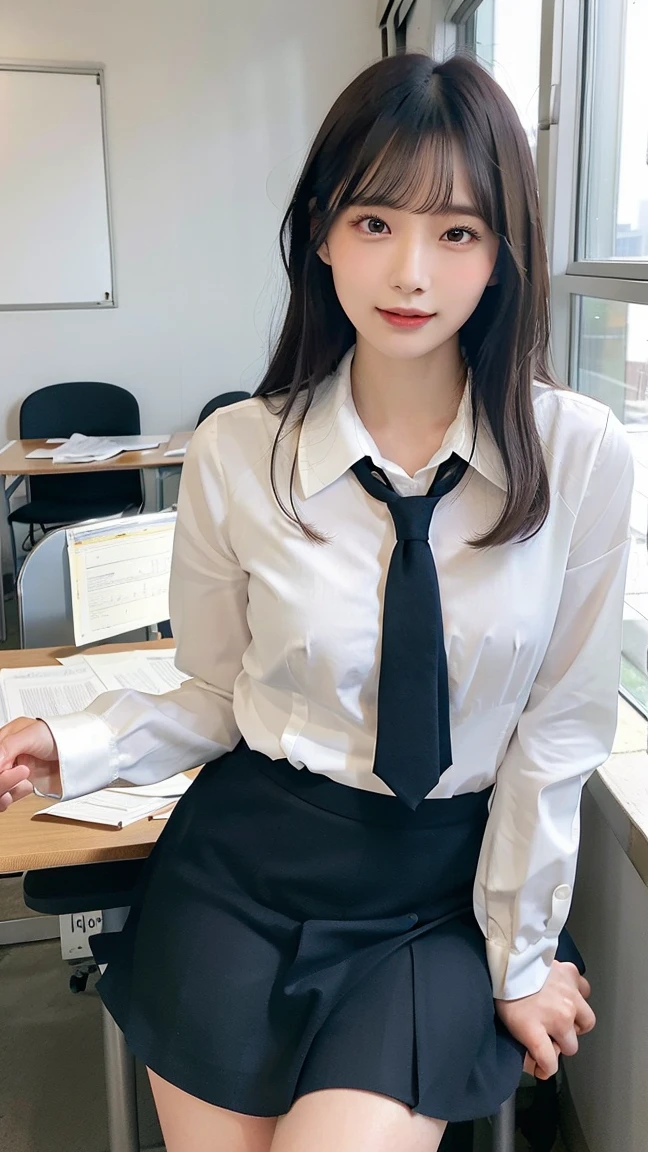 realistic photos of 1 cute Korean star, hair pulled back, white skin, thin makeup, 32 inch breasts size, wearing waist tie shirt, in the meeting room ,upper body portrait, UHD