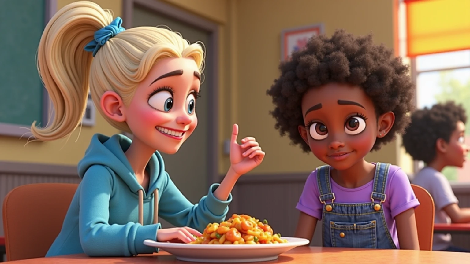 Um filme inspirado na Disney Pixar (jovem NEGRA JOVEM COM CABELO crespo  PRETO) dentro A cena estar na arte distinto do estilo PIXAR, descolado e estiloso