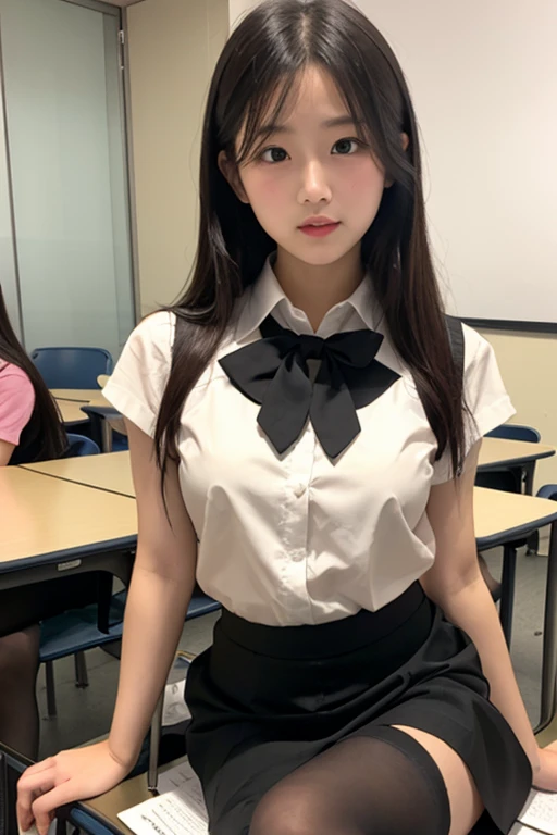 masterpiece、top-quality、The ultra -The high-definition、、colourfull、flat-colors、depth of fields、lens flare 1 girl、、A dark-haired、watching at viewers、Schools、Classroom、a miniskirt、Detailed feel、Detailed Cloth Texture、beautifull detailed face、beauty of 30 years old、Adult atmosphere、 garters Stockings large full breasts suspenders is standing glares knee high Niso knee high socks Armpit sweat Hands behind your hands a belt