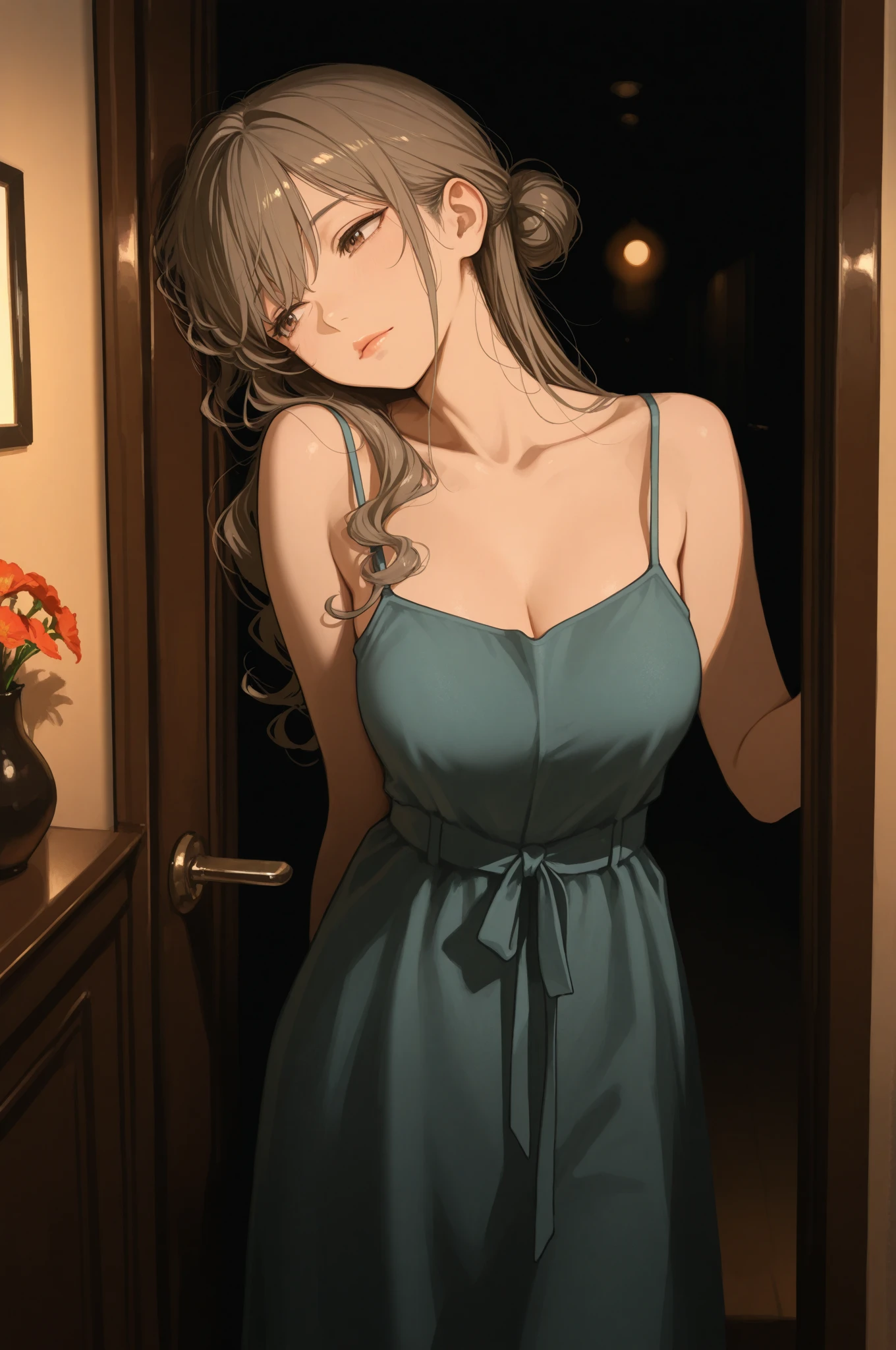 ((Practical lighting, best quality, 8K, masterpiece: 1.3)), Be focused: 1.2, 1 Girl, Perfect body beauty: 1.4, Slim abdominal muscles: 1.1, ((Dark brown hair, Large Breasts: 1.3)), (Aqua blue dress: 1.4), (outdoor, night: 1.1), City Streets, Very delicate face, Beautiful eyes, Double eyelids, 1 Girl in, Age 19, Solitary, Long hair, Brown eyes, Jewel-like, whole body, A necklace, Off-shoulder, sweater, Practical, Sexy