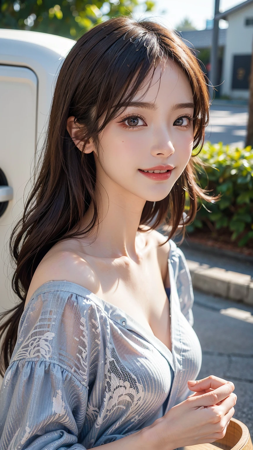 Perfect teeth alignment，I can see the tongue，Rembrandt Lighting, Detailed lips、Beautiful, shining lips, Detailed face、Very delicate and beautiful, Very detailed, In detail, Large file size, Very detailed skin, Very detailed clothing, (Photorealistic:1.2), (Highest quality), (Detailed skin:1.3), (Intricate details), Ray Tracing,Detailed skin texture, One person, In detail,real， One person少女，One Girl, Japanese Girls, Detailed lips、Beautiful, shining lips, Detailed face、 Very beautiful face and eyes，Long Hair,,耳前にLong Hair, (Long Hair:1.2), (Wavy Hair:1.2), (鈍いbangs:1.2), 顔front,Cute face, (Intricate details), dramatic, Ray Tracing, 顔front, Scattered beneath the surface,(blush:0.5), front, bangs, Hair between the eyes, One person, Cute Japanese,Detailed skin texture, Bare skin above the collarbone, Shoulder Bare Skin, masterpiece, Highest quality, High resolution, View your viewers、(Face Focus:1.1),(Face close-up:1.1),Idols,Sunset