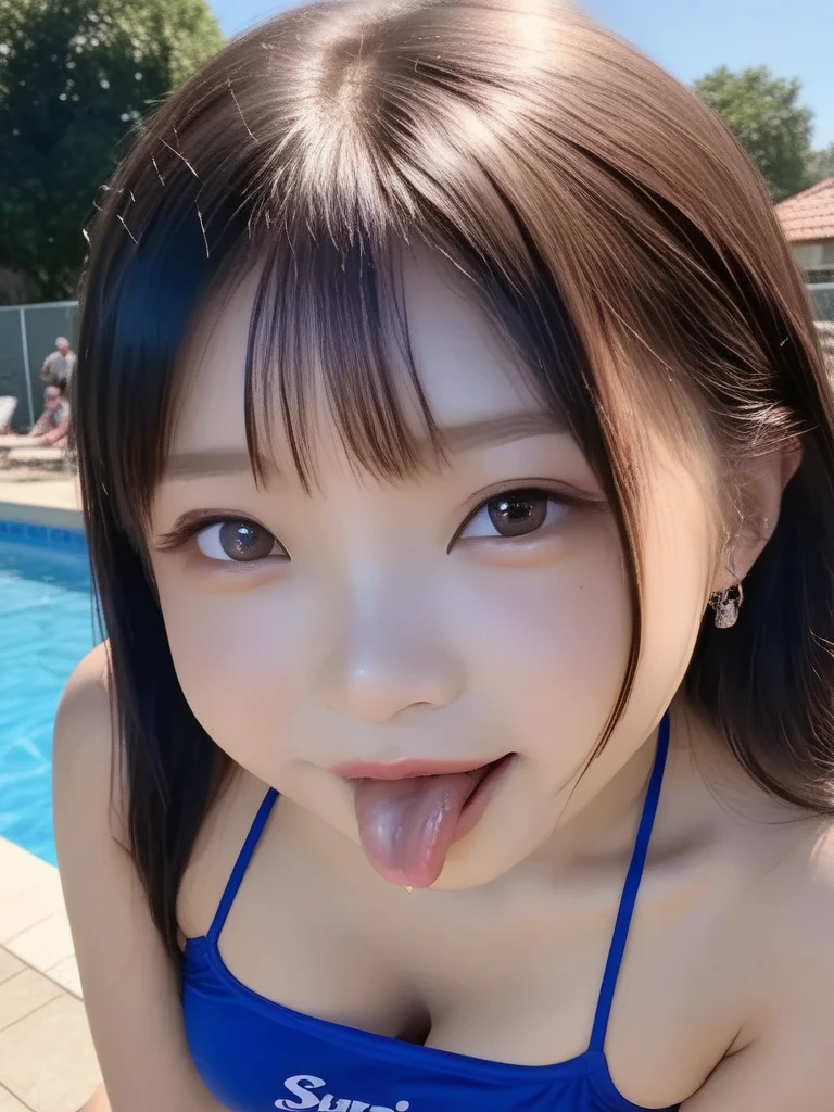 triangle-bikini,(open mouth:1.5),(tongue out:2),Kneeling,handjob,choker,front view,face focus,from above(1girl,Beautiful 14 year old girl,teenager),((Slender,Small breasts,Small face,)),(looking at viewer),Black Hair,bangs,Pool,night,night景,dark,Pink lighting
