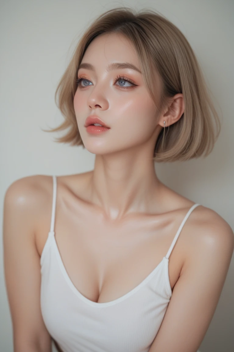 ((best quality)), photorealistic, photorealism, Photorealistic, high resolution, Beautiful, Baby Face, 20 Years Old, White Skin, pale skin, Large Breasts, looking at the camera, (Detailed face), short hair, sexy body, Nake, Nude beautiful), Miami city