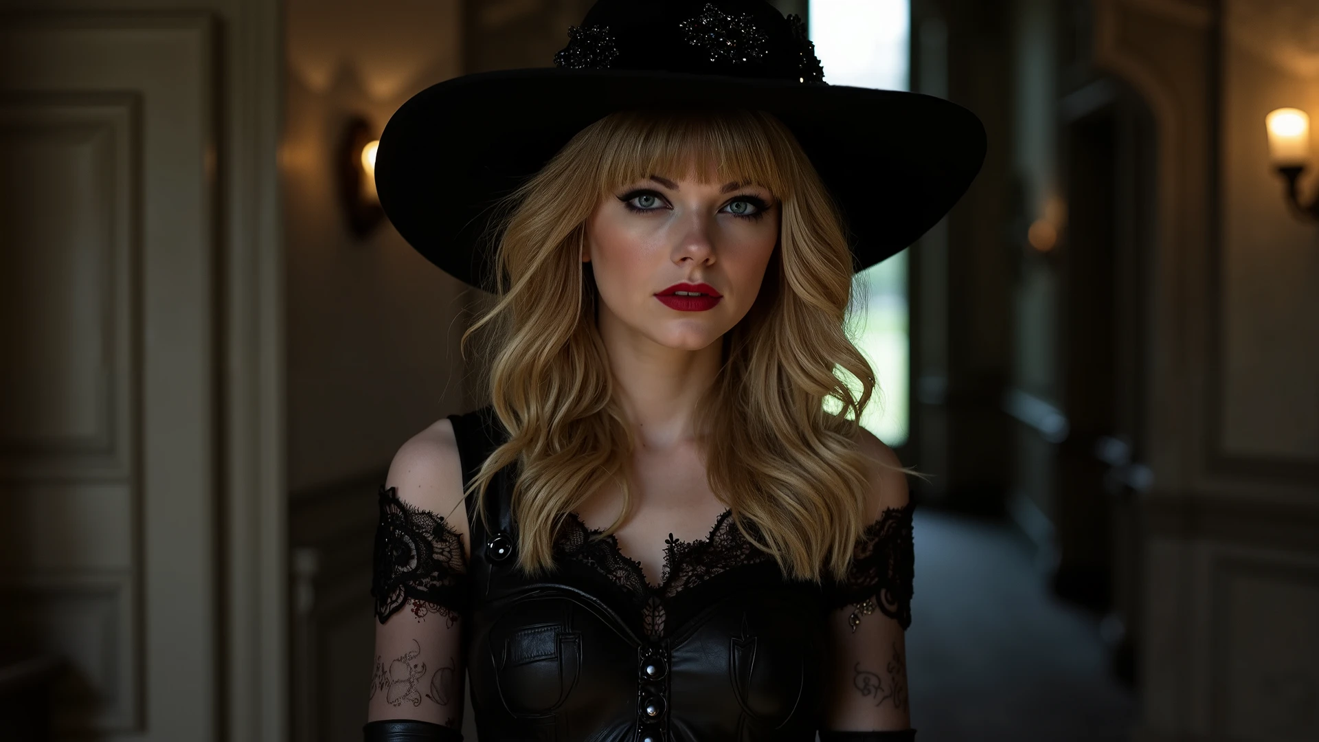 A waist-up portrait of Taylor Swift as a witch posing inside a gothic mansion. Taylor is dressed in a dark-colored gothic witch outfit that incorporates some bits of leather and lace. Taylor has lovely makeup on her face. Taylor wears red lipstick. Nighttime. Gothic ambiance. Symmetrical eyes. Symmetrical face. Lovely details. Photorealistic. Full-colored photo. Professional photo. Highly detailed 8K.