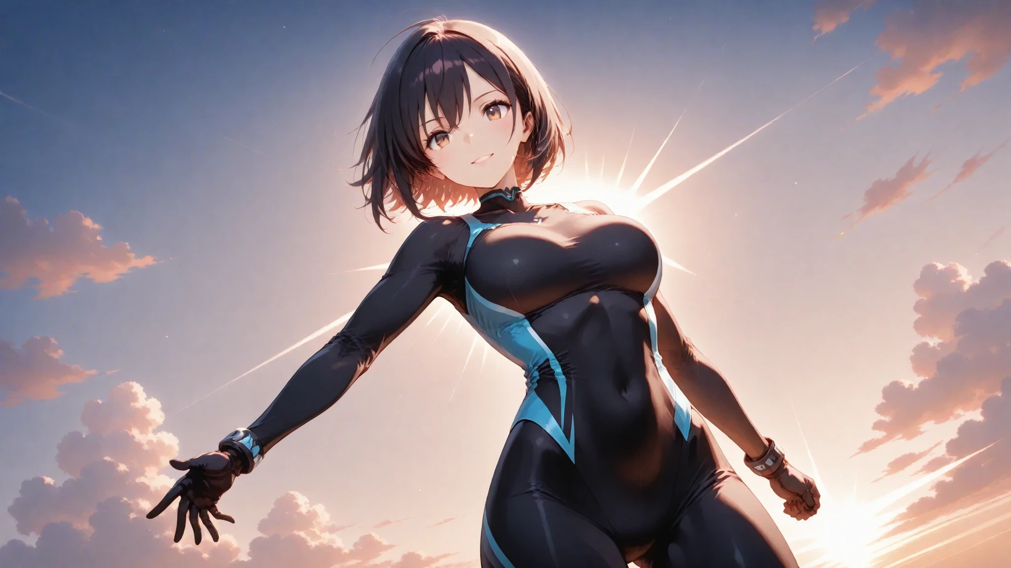  woman with huge breasts, tight-fitting spandex costume, erect nipples, camel toe, flying above a city, dynamic pose, superhero, cinematic lighting, high contrast, photorealistic, 8k, hyper detailed, dramatic, comic book style