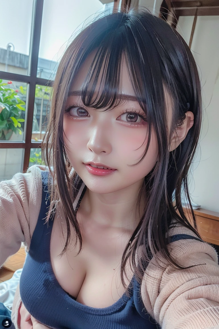 女の子1人, a park, A city scape, city light, The upper part of the body, a closeup, Looking up from diagonally down, an ecstatic look on one's face, Half-open lips, and look at the audience, low angles, (8K, Raw photography, top-quality, masterpiece:1.2), natta, (realisitic、フォトrealisitic:1.37), Beautiful Asian girl posing wearing a wheat-colored long cardigan, A glimpse of a purple swimsuit, Suppin, goddess of Japan, Japanese Models, perfect bodies, amazing goddess shots, Photorealistic face, detaileds