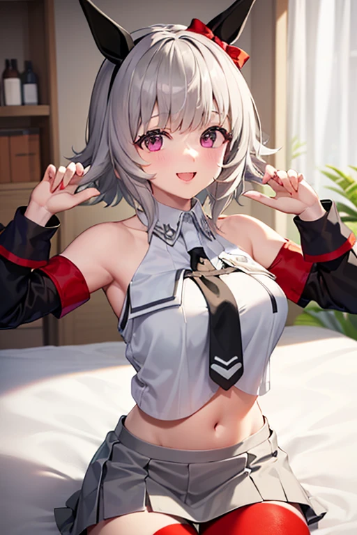 (Masterpiece), (Top Quality Anime Illustration), (Super Definition), One Girl, Solo, Silver-haired Beautiful Girl, Anime Loli, Cat Ear Loli, Miniskirt Santa, See-through, Off-Shoulder, Smile, Cleavage Emphasis, Underboob, Open Stance, Thighs
