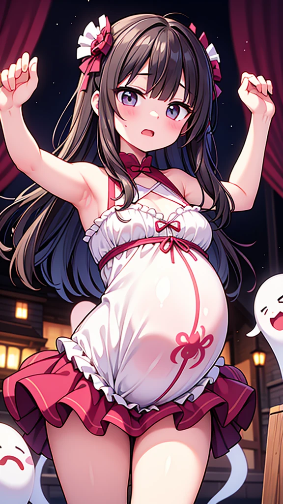 (masterpiece,best quality, highly detailed body), 1girl, solo, outdoors, night, street, hand on stomach, looking at viewer,
mizuki yukikaze, hair ribbon, black halter dress, black thighhighs, pregnant, ahegao