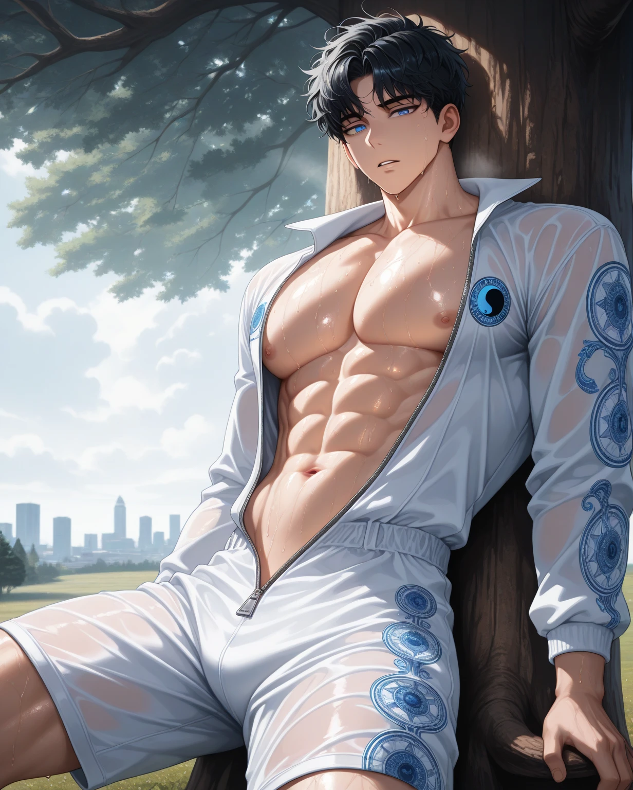 gojo satoru,one-piece swimsuit,see-through,wet clothes,bulge,, best quality,masterpiece,highres,1boy, cowboy shot,