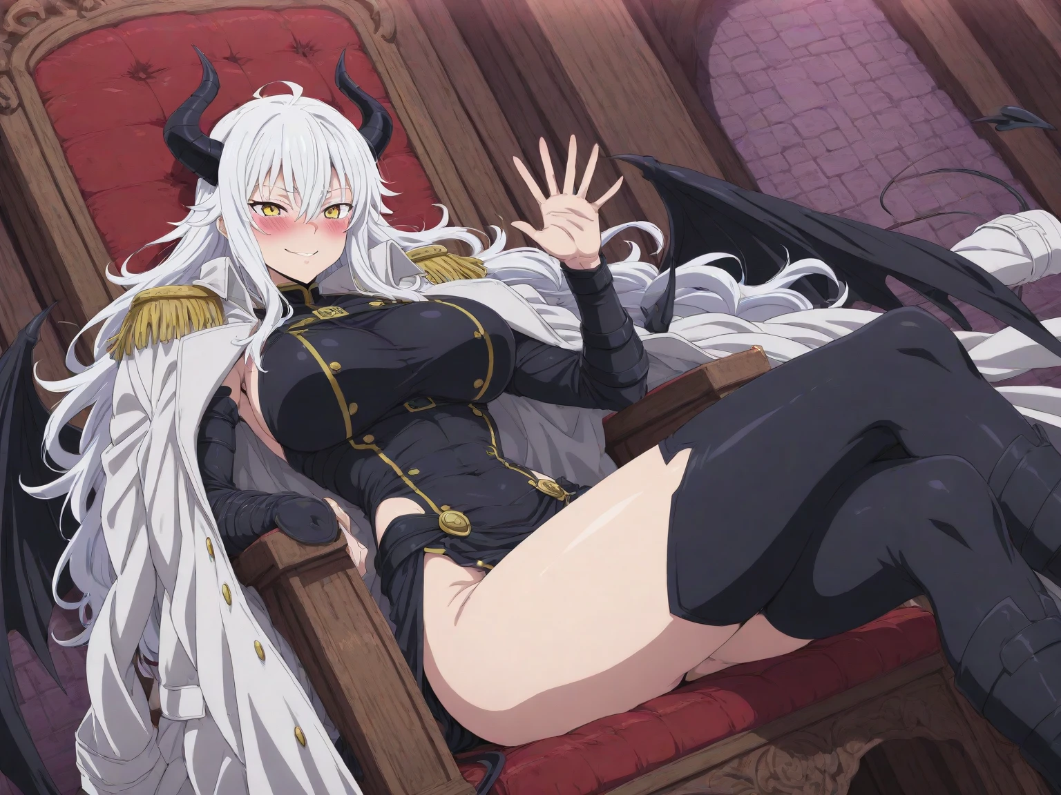 (2 demon girl), (beatiful eyes finely detailed, face to detail, two tone hair color, have horns), (full body:0.8), knight armored, contemptuous facial expression, laying her back on sofa, middle ages style bedroom, full body, anime best girl, masterpiece sidelighting, night time, ​masterpiece, top-quality, detailed, High resolution illustration