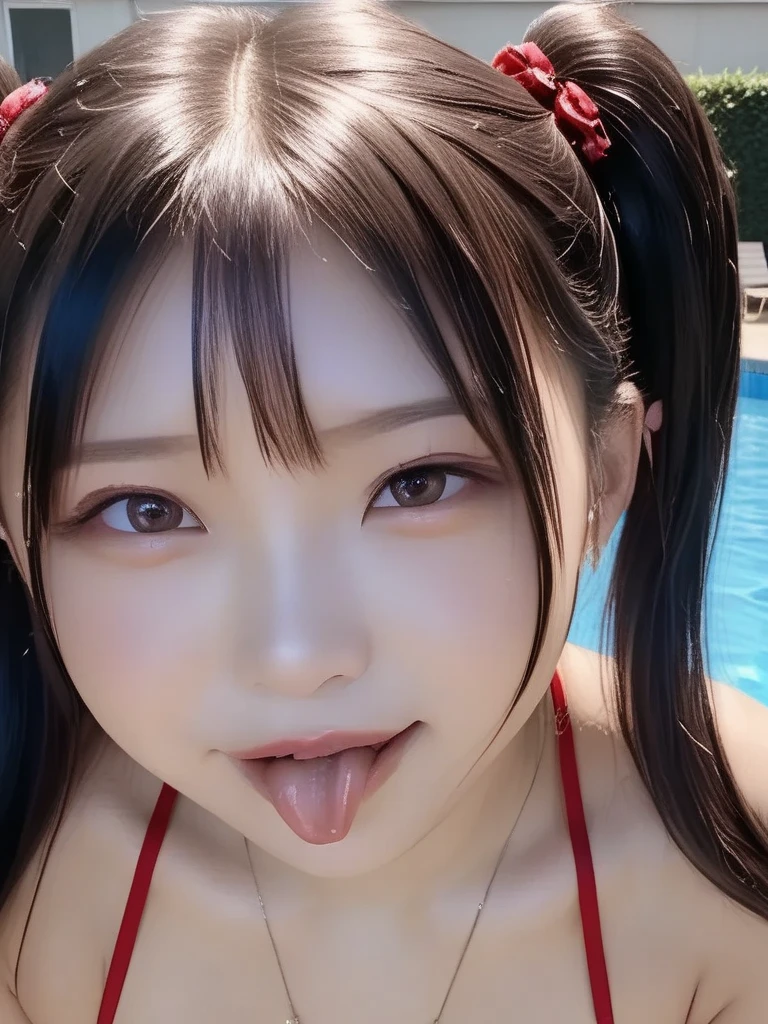 One girl, chest, Gaze, Twin tails, Colorful Hair, Three white eyes, Tear bags,Big Nose,Textured skin, Long Tongue, Sticking out tongue, Tongue Piercing,Swimwear,