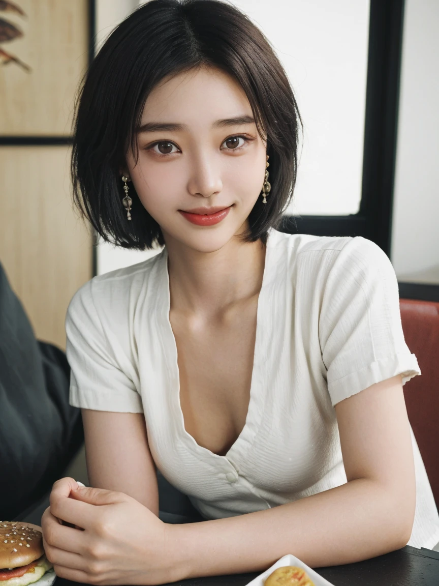 (8k, RAW photo, best quality, masterpiece:1.2), (realistic, photo-realistic:1.37), ultra-detailed,
1 girl,cute, solo,beautiful detailed sky,detailed cafe,night,sitting,dating,(nose blush),(smile:1.1),(closed mouth),large breasts, seductive smile, large aparture, professional lighting, Sony A7R4, Zessie 50mm F1.8,
medium breasts,beautiful detailed eyes,(collared shirt:1.1), bowtie,pleated skirt,(short hair:1.2),floating hair