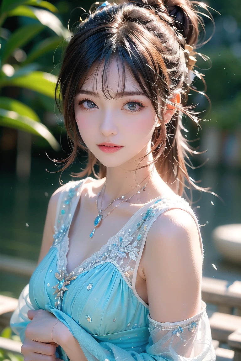 high quality work，Realistic artwork，Ultra Premium Graphics，8K HD CG Works，High quality graphics，High-definition and elaborate CG work，10x pixels，Ultra-fine detail：1.1，Advanced Technical Details：1.1Realistic photo effects，Indoor lighting effects：1.5，Natural soft light：1.5. Light effects（Virtual Light Effects：1.8），Ultra-high resolution，Shiny Dress，Silver long hair，Silver Hair，Transparent Hair，Hair with attention to detail（High quality hair detail：1.1）Clear Eyes，Double eyelids are beautiful，Sharp eye makeup, Creates exquisite eyelash makeup, Thin eyebrows, Very fine eye，High nose, Beautiful red lips, Rosy Cheeks, Delicate makeup applied , Pretty face, The face shape is perfectly balanced,（Advanced Face Detail：1.1）Short-haired girl floating in water、Carly）, blue eyes, job，No costume box，A body exposed to the audience，Nipples are visible，Stunning face portrait, Gveiz-style artwork, Beautiful portrait, Beautiful Face, Gveiz, Watery eye, Detailed Numerical Art, Numerical Art, Beautiful artwork, Reusch et al......... enough, 青いWatery eye, Beautiful Numerical Art works，frontage，LOL，Women artwork，Dress full body video，realism，Great cleavage，Your eyes are shining brightly today，Wearing shorts，Beautiful legs