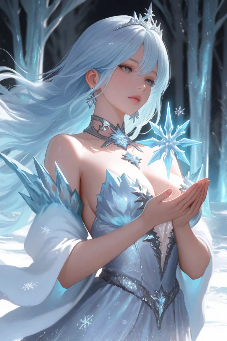 (better quality,ultra-detailed,Realistic:1.37)、1girl, she is using magic spell,IceMagicAI,she is using ice magic ;she is wearing very sexy outfit, lingerie colored, porte jarretelle,milf 30 years、(piercing eyes:1.5)、look agressif、elegant outfit、ice magicarcs dancing around、frost magic,outside, scene of launching an spell with a magic circle, corps entier,background on a snow lac, frozen lac,frozen backgound,cumfacial