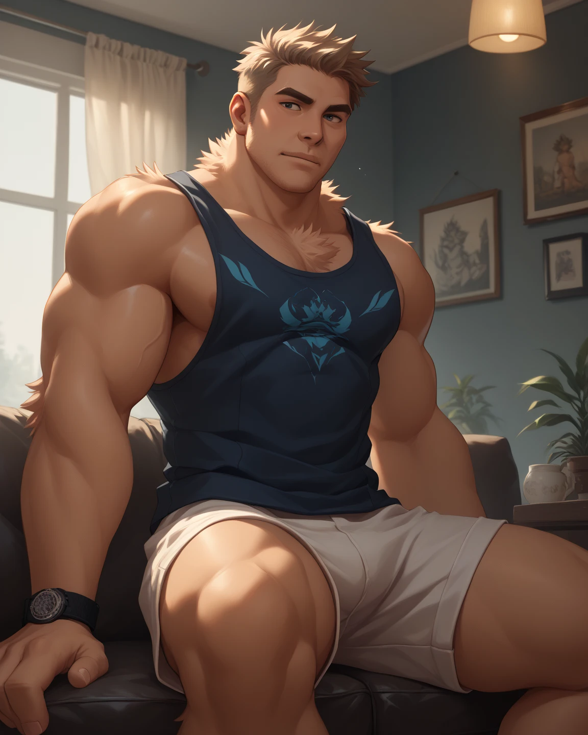 Best quality, highly detailed, ultra detailed, 1 light skin boy, bara boi, medium length dark brown hair, brown eyes, vampire fangs, cat ears on top of head, painted black nails, goth, shirtless, black gym shorts, living room, standing, close up
