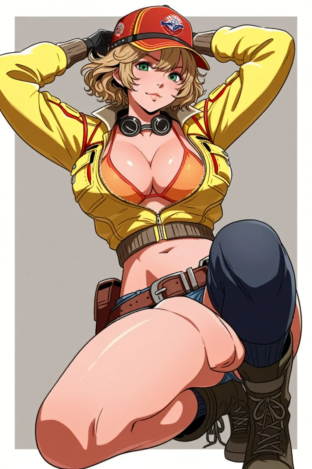 (masterpiece, best quality:1.2), expressive eyes, perfect face, highres, 1girl, solo, cindy aurum, baseball cap, cropped jacket, cleavage, orange bra, black gloves, belt, denim shorts, black stockings, white boots, smiling, standing, upper body, looking at the viewer
