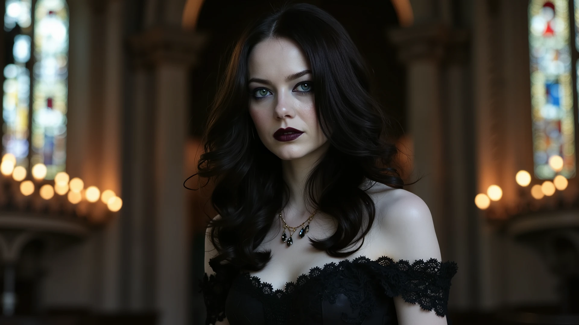 A mysterious yet elegant gothic woman with pale skin, dark lipstick, and long wavy raven-black hair, wearing a black lace corset dress, standing in an old candlelit cathedral, stained glass windows in the background, dramatic shadows, realistic style, 4K