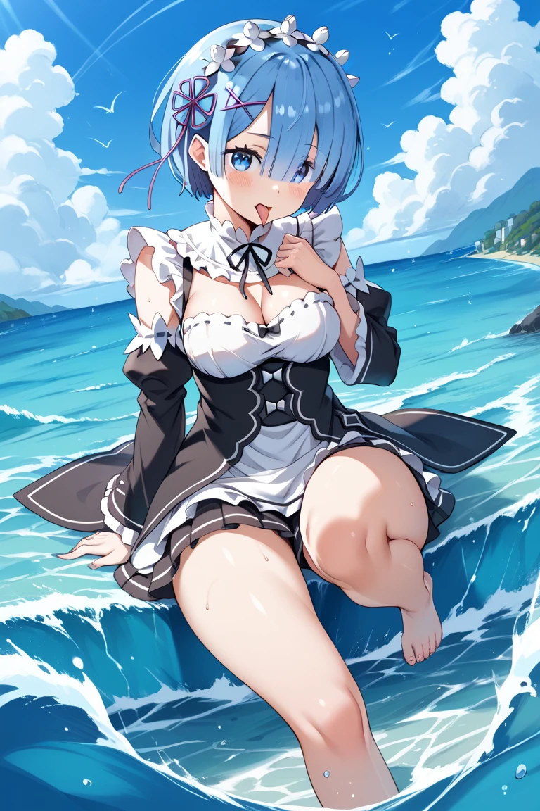 anime giantess,swimming giant monster girl, laughing out loud,Tentacles,looking down,storm sea,giant wave,sinking ship, epic,serious situation,giantess,giantess art work、Re:Zero、Rem、full body