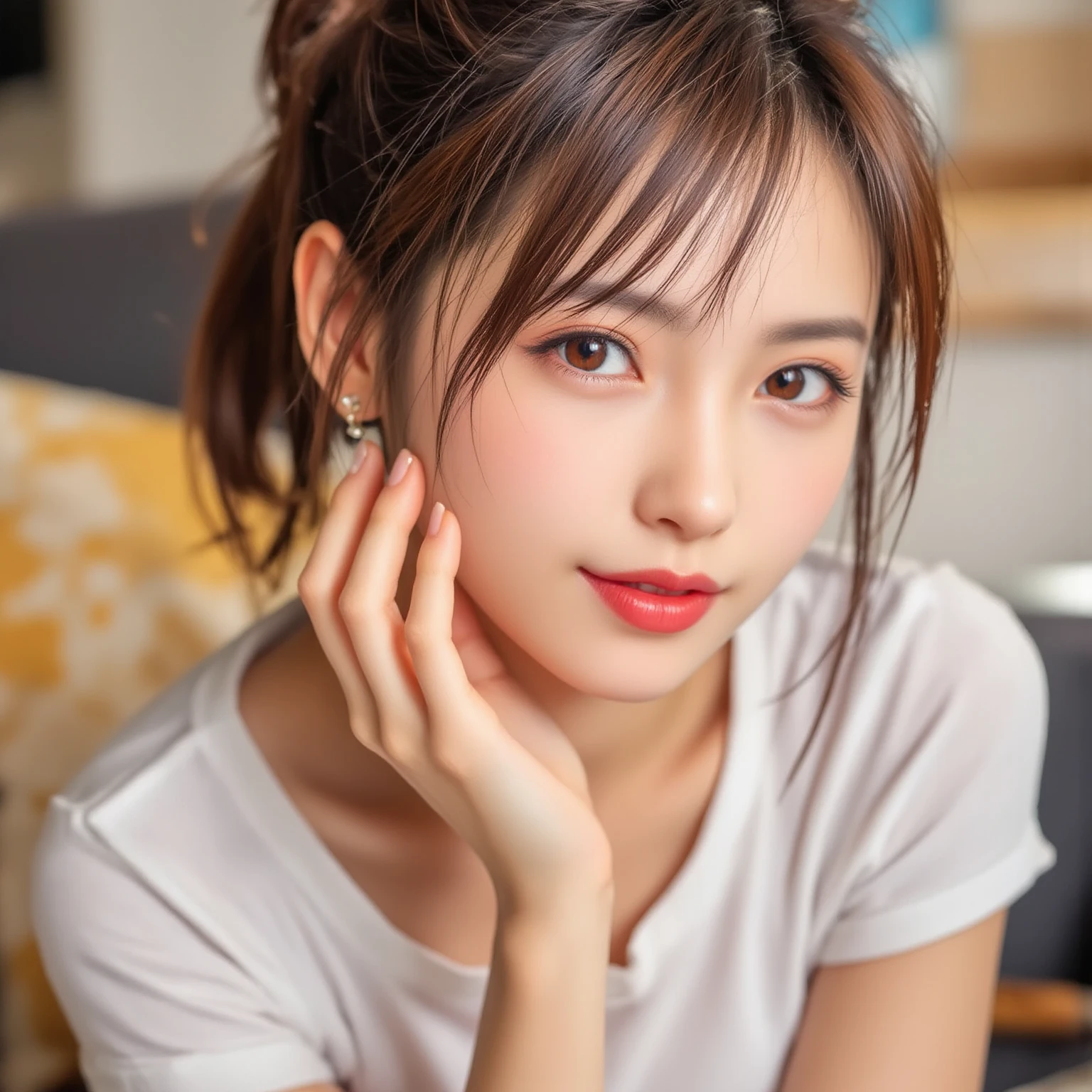 super high quality, smile, Slenderのネックレス, Slender, The staff is working at the counter in the back., (8k、RAW Photos、Highest quality、masterpiece:1.2), Japanese Idol, (Realistic、Photorealistic:1.37), Urban Cafe, Golden Ratio, Raw photo, Light Brown Hair, Small breasts, Bright cafe interior, Blurred Background, Summer clothes, Cafe Terrace, Open Cafe, Photographed inside the cafe, Pretty face, Hair blowing in the wind, Neat clothes, ponytail, T-Shirts, Very Short Hair, 18-year-old, 
