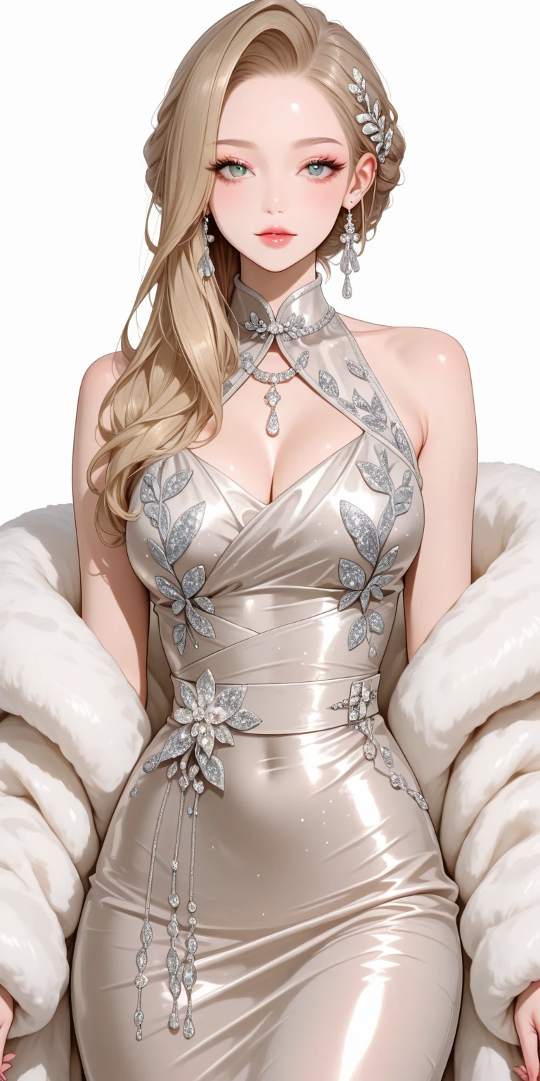 (best quality: 1.2), clean face, (masterpiece: 1.2, 8k) perfect anatomy, 1 girl) a beautiful fashion model ,(masterpiece, official art, best quality shiny hair, blonde hair with streaks in hair, full lips, big breasts, slutty outfit, cleavage, shiny breasts,shiny skin, looking at viewer, (slave dancer outfit), long abdomen, horizontal, lounging, a single girl
