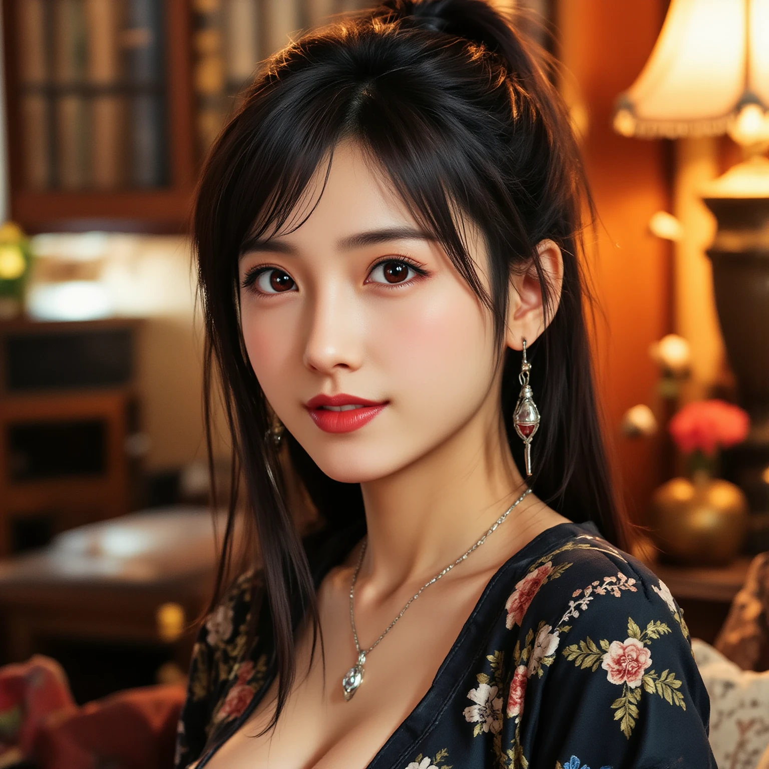 1人の女性((Upper body selfie、Happiness))、Above a high-rise building、city below、masterpiece、top-quality、ultra-detailliert、(Smooth lighting:1.05)、32K、Realistic lighting、the ground、(a beauty 18 years old jihyo from Russian 1:1 (her face mixture korean and causcasian russian))、(a black_long_hime_cut_hair :0.9)、Wearing a batik uniform from indonesia outfit (realistic_batik_uniform_from_indonesia) 、Looking at the camera、jolly、Happiness