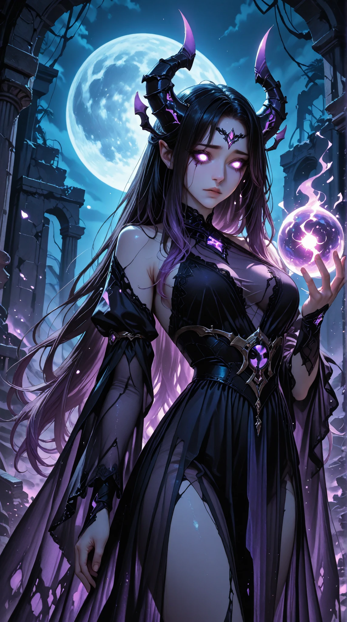 Bald,red witch,Patterns on the face,She casts powerful purple lightning magic,vine,Weird,Enchantment,,Gothic,Surrealism,dark magic