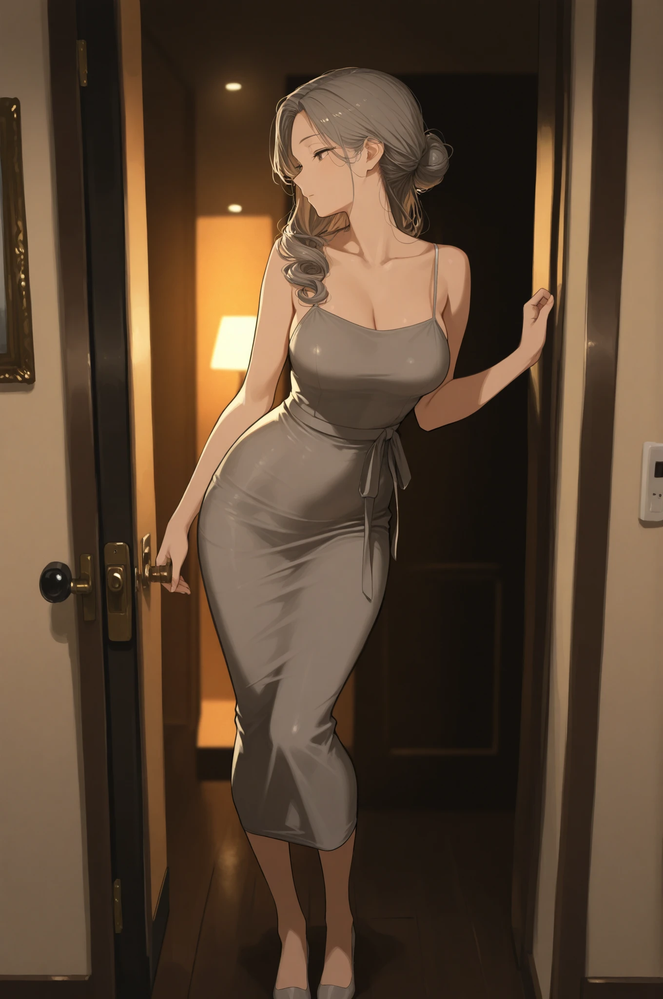 ((full body, standing), milf, 1girl, large breasts, gigantic breasts, huge breasts, heavy breasts, short hair, silver hair, light skinned female, orange eyes, large ass, Curvilinear waist, looking at the viewer, flushed face, full breasts, breasts larger than head, curvy female, curvilinear waist, mature female, mature face, leaving the bathroom, steamy bathroom, pov oppening a bathroom door, drying yourself with a towel, with the torso wrapped in a furry towel, pov vision
