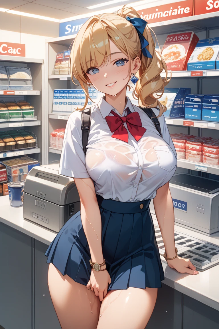 azur lane、Ayanami、ponytail、table top、High resolution、Lots of girls、multiple girls、large crowd、かわいいLots of girls、big and full breasts、naughty body、underwear only、See-through、pink lingerie、throw、、whole body、Are standing、looking up at me、Confused face、blush、black pantyhose、female shape'Private parts are clearly visible、I can see the nipples、white shirt、Navy checkered skirt、micro mini skirt、very short skirt、department store、The shops、Many people々、in the crowd、bare chest、show your chest、from below、Low - Angle、Holding the tray、put the chest on the tray、Breast milk comes out from the nipple