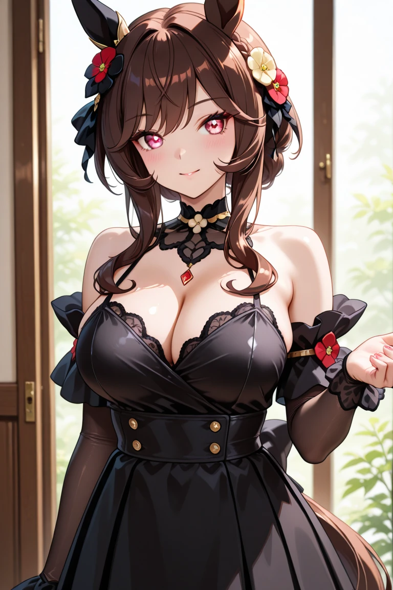 {{masterpiece}},best quality,Highly detailed CG Unity 8K wallpaper,One woman,movie lighting,lens flare glow,
perfect style, perfect body, clear beautiful eyes, long eyelashes, Off-shoulder red dress with delicate and detailed design, Floral lace, It has a lot of ribbons, emphasize the chest, shiny thighs, costume with lace, The luxurious interior of a high-class brothel,