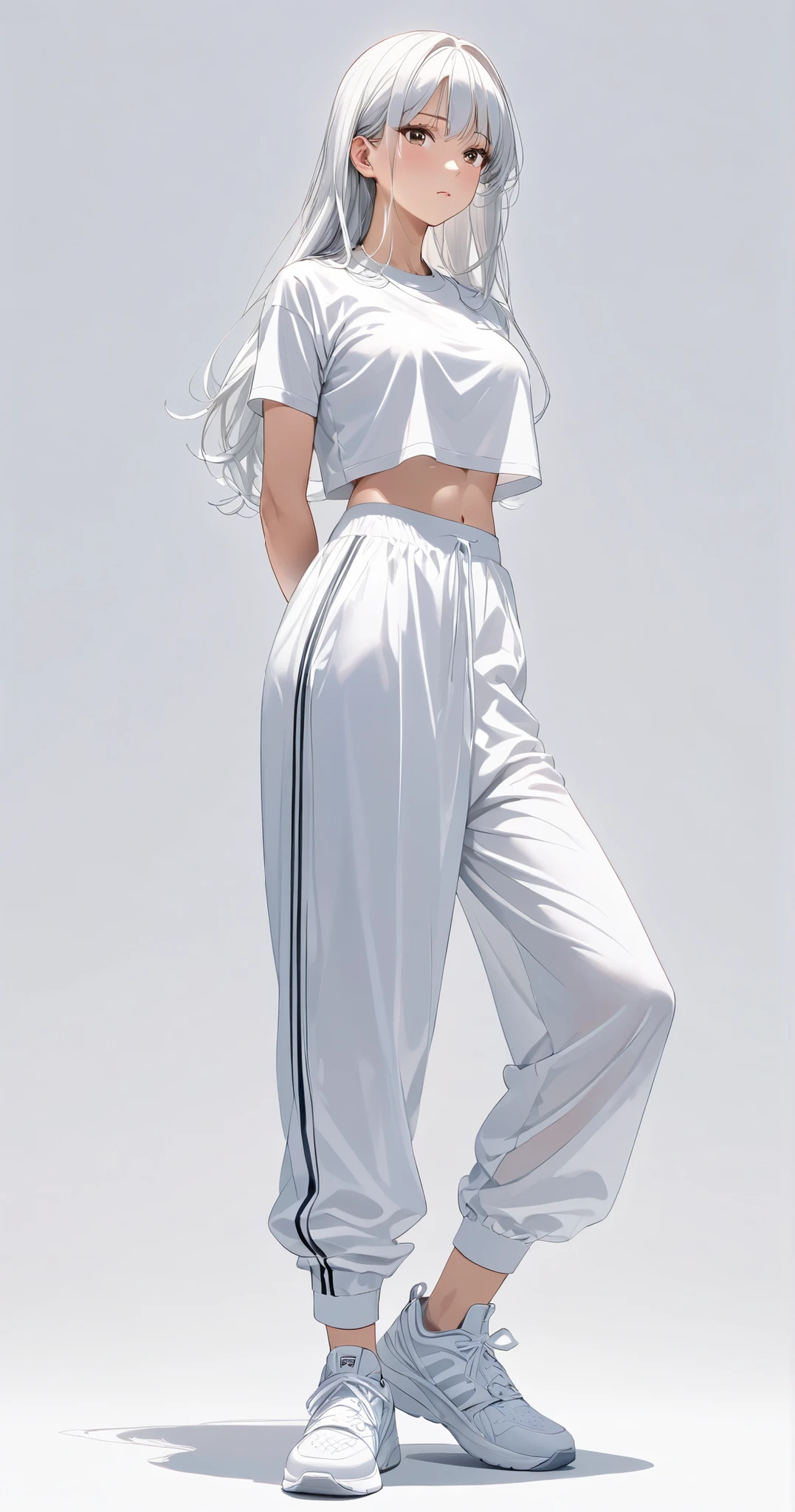 anatomically completely correct、Full-body view of a young woman、solo、fearless face、detailed expressions、long hair、shiny hair、wolf cut hair、Plain white short-sleeved cropped t-shirt、sports bra、Loose-fitting sweatpants、wearing sneakers, white sneakers、Wrinkles in clothes 、 Shading on Clothes 、Freestanding pose、 slightly below、staring at the camera、(Floating in a pure white void, Featureless white background, Uniform ambient lighting floating in a pure white space, No Shadow, uniformly illuminated )、high res、Super Detailed、Slightly anime-style illustration of a great masterpiece、Professional Lighting、No animals、There are no others、