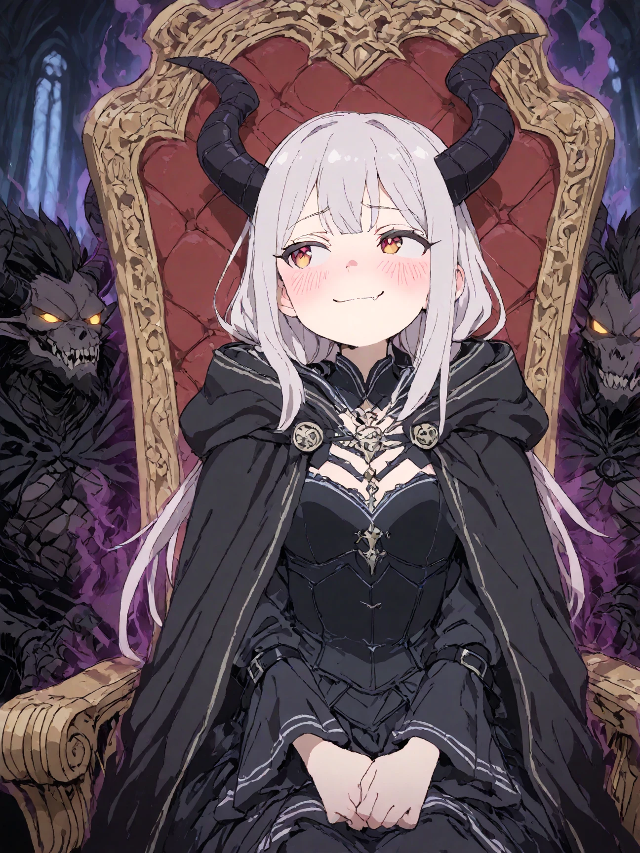 ((Highest quality)), ((masterpiece)), (detailed), （Perfect Face）、The woman is a jet-black devil、The woman is a jet-black female demon with magnificent demon horns and a jet-black tail, her skin is the same black as the Demon King, and she is wearing a seductive and luxurious jet-black dress of the Demon Queen. Her name is Princess Leona, a jet-black demon with medium-long light brown hair. The man and woman are cuddling happily on a large sofa.、The woman is sitting happily on a large sofa, snuggled up to her beloved husband, the powerful demon king.、A strong demon king is sitting on a large sofa in front of a luxurious demon altar, embracing his wife, the demon queen Leona.、The woman is holding her young daughter、Happy Demon King Family