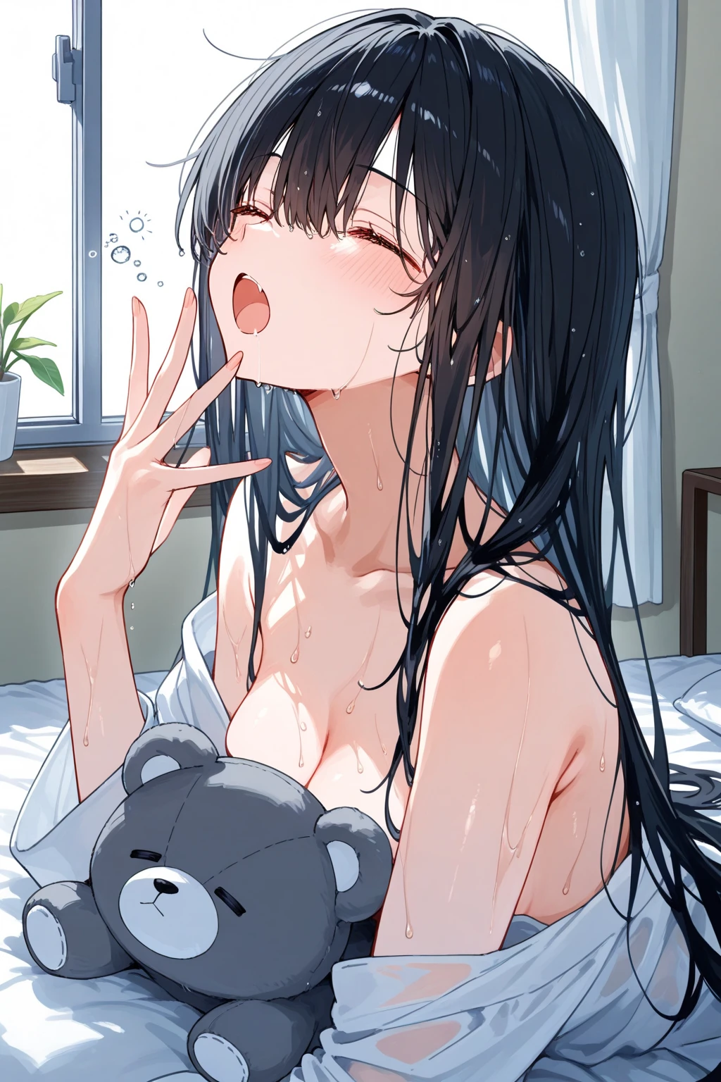 ((nsfw:1.8, 18+, masterpiece, best quality, highres, UHD, perfect pixel, depth of field, 4k, RTX, HDR))), ((cum on face:1.8, bukkake:1.8, sperm:1.8, sperm spurting:1.8)), 1girl, single, solo, beautiful anime girl, beautiful artstyle, anime character, 24 years old, ((long hair, bangs, dark brown hair, messy hair:1.4)), ((detailed face, blushing:1.2)), ((smooth texture:0.75, realistic texture:0.5, anime CG style)), ((medium breasts, cleavage, :0.2)), indoor, bedroom, dynamic angle, busty, perfect body, ((fall asleep on the bed, sleeping pose on the bed, supine)), ((close up, POV, cute, shot on face, sighing expression)), ((maroon bra color, maroon lingerie)), natural light