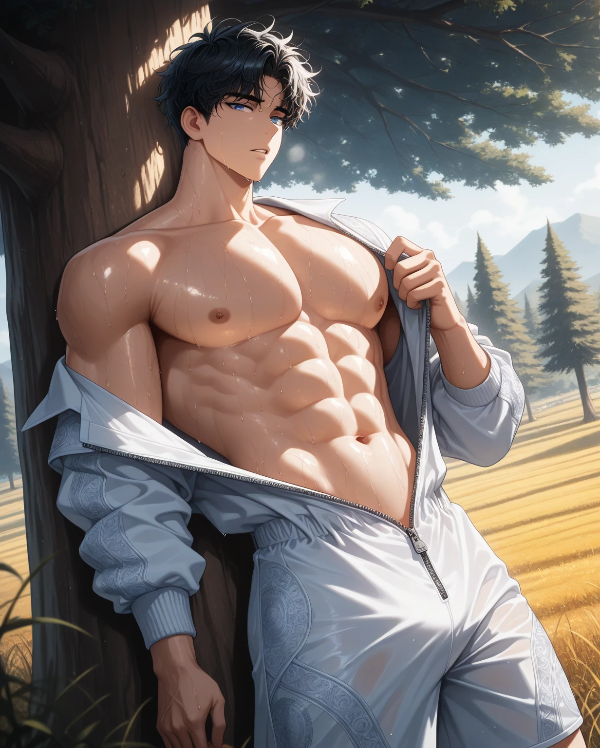 (absurderes, A high resolution, Ultra detailed, hdr), Masterpiece, Best quality, Portrait of a boy, Handsome boy with red eyes, Detailed face, Professional photo, The Arafards went into battle shirtless, legs are open, Lie comfortably， (puffynipple(From below:1.1)), Focus on your audience, 18 year old boy, Handsome boy, [ well-defined body ], [Firmly defined body]，Abs, ((A lot of black hairy))，((veins hairy on arm)), chest muscle，(((large bulge))), White skin and short silver gray hair, Detailed skin and texture, Soaking, Wt, Transparent shirt open, Ultra shorts towel，hot onsen, outdoor, wooden bucket, japanese lantern light, night starry, 16k