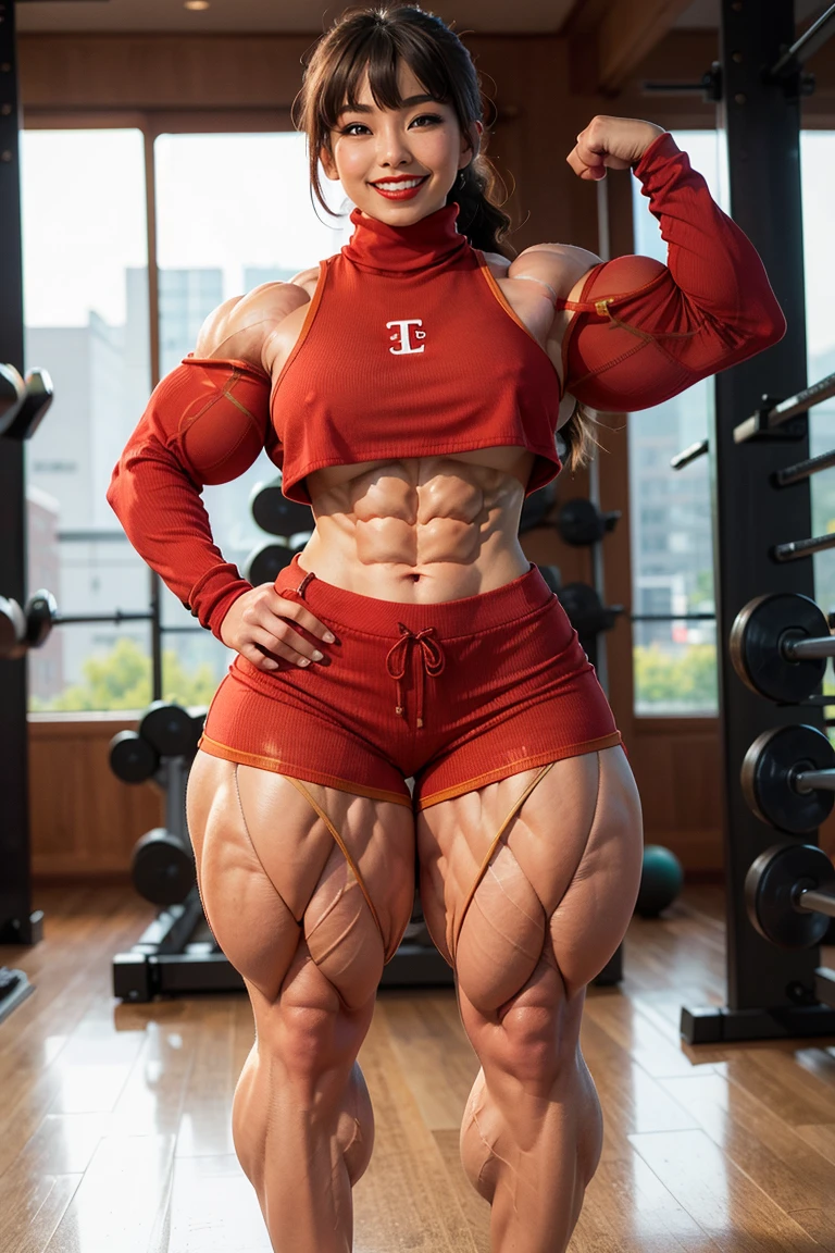 (plain background, 8k, best quality, masterpiece, realistic, photo-realistic:1.37) (full body height standing straight symmetrical contrapposto) (looking at viewer) 2legs apart (wide stance) ultra detailed, 1solo cute girl (beautiful detailed eyes) (smile:1.2) ((red cheeks, red eyes, red tank top, red thong, red gloves gauntlets, red stockings thighs))