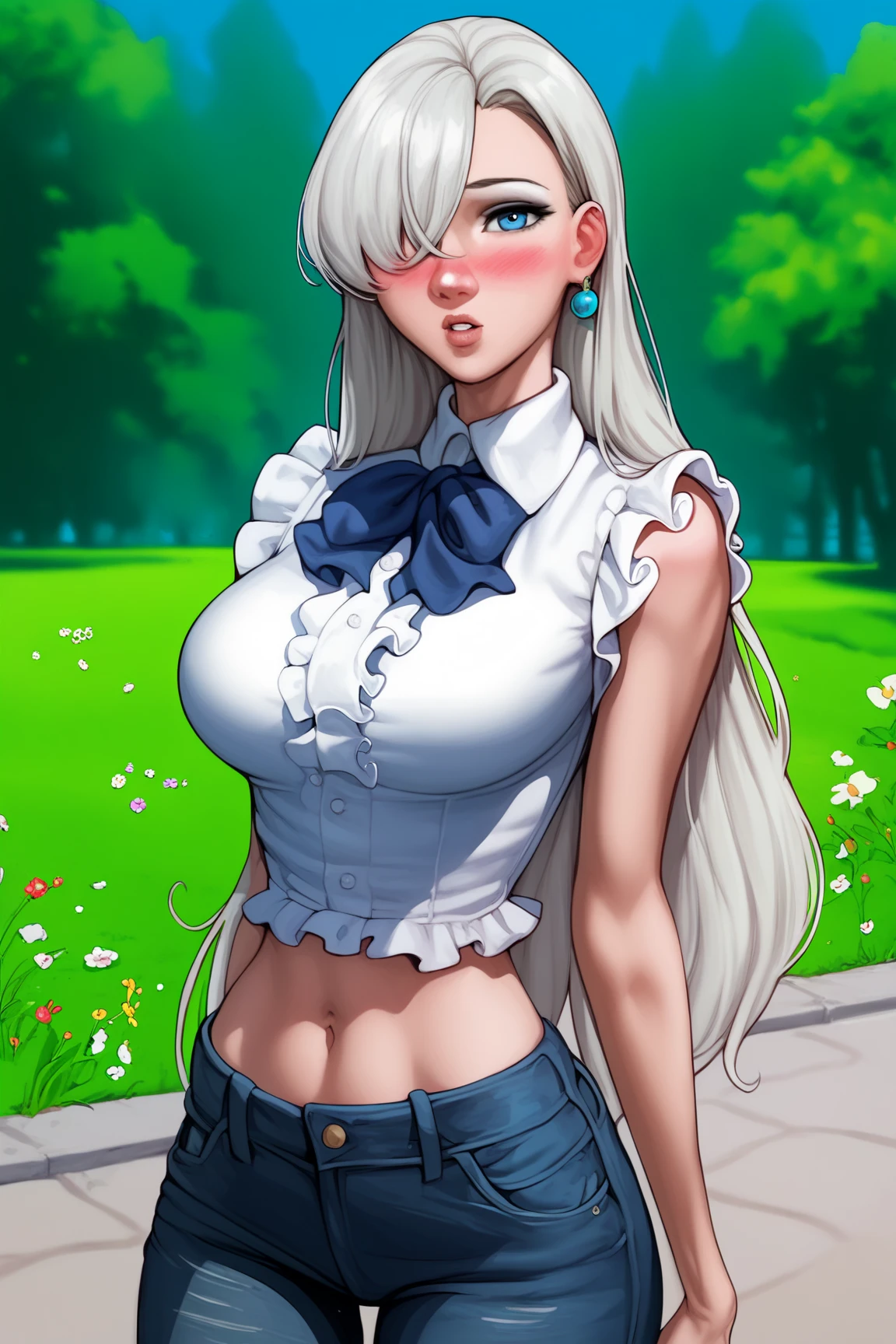 Printed pants with a tucked-in blouse and cropped blazer, Lady, Short, Thin, Square Face, Dark Skin, Platinum Blonde Hair, black Eyes, [[Curved Nose]], Thin Lips, Receding Chin, Long Hair, Thick Hair, Bun, firm breasts, Faux gauge earrings, hot pink metallic lipstick, a mysterious, foggy marsh