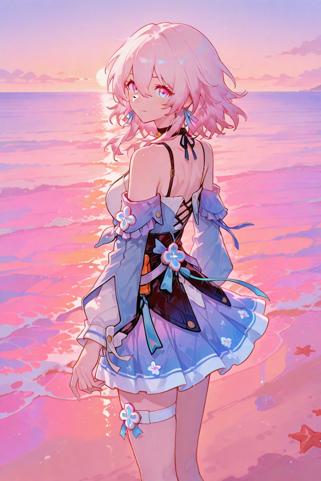``A beautiful woman with long pink hair and beautiful eyes wearing an elegant and detailed hawaiian dress.The dress must have intricate designs and patterns to give it a luxurious and luxurious feel.In the background , the image should depict a romantic Hawaiian beach at night with light reflecting off the water and an illuminated bridge across the scene, emphasizing the sparkling effects and rainbows throughout the image. Enhance your look and add special ruffles to your dress to make it stand out.”