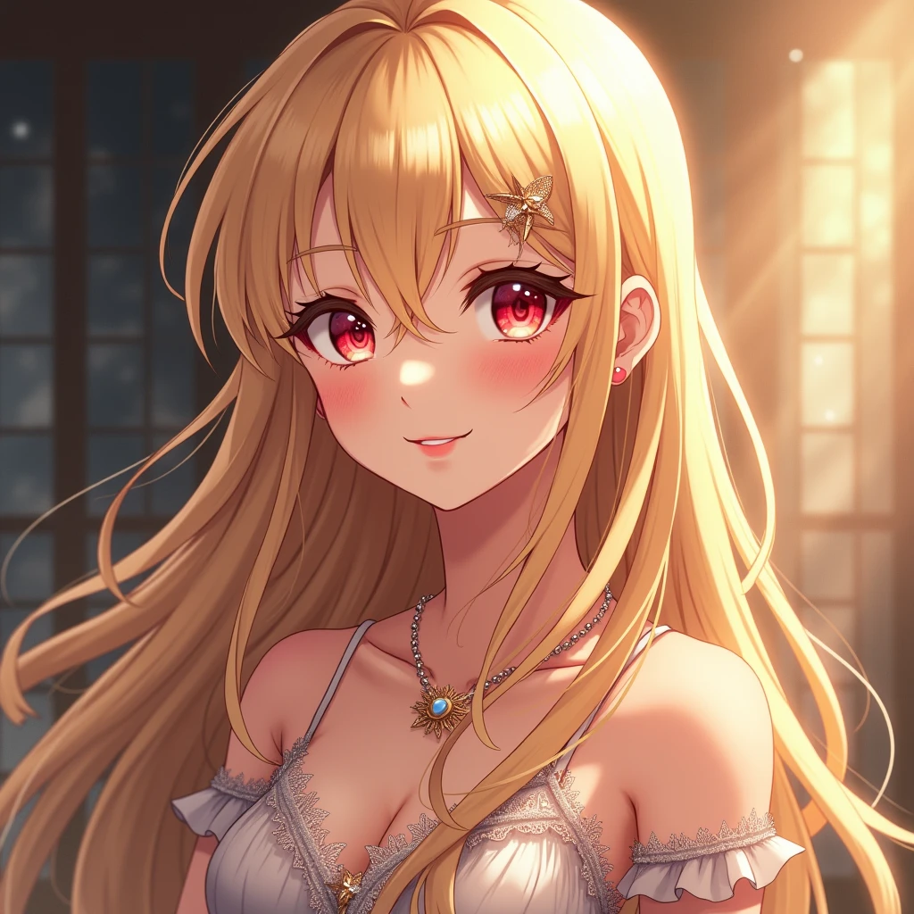1girl、Blonde、Red dress、blue eyes、diamond necklace、night、terrace、ivy、Ramparts、The lights of the party venue behind、deep shadows、spot light、ultra-detailed、