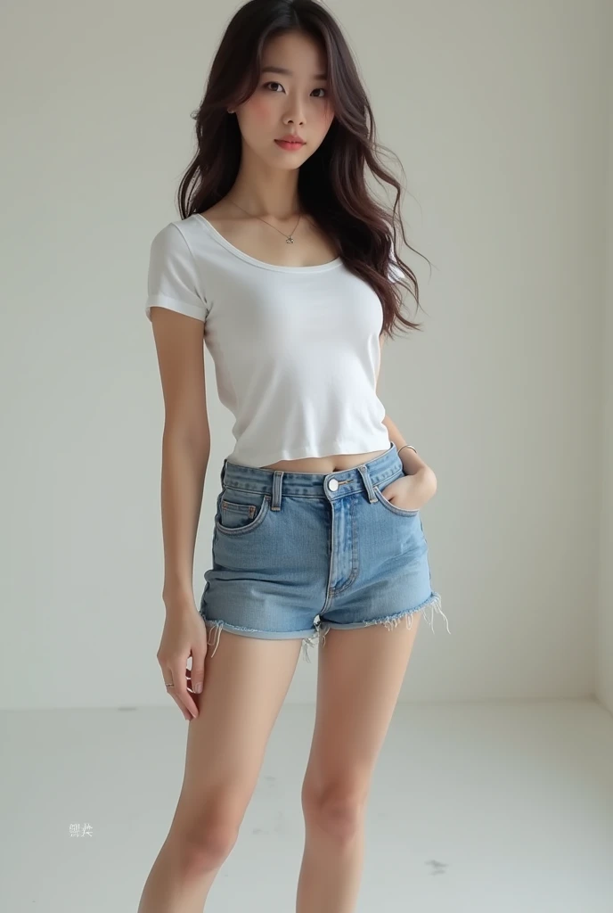 30 year old woman, white, imitating a dog , wearing very short denim shorts, sexly, wearing high heels, full body photo and an ankle bracelet.