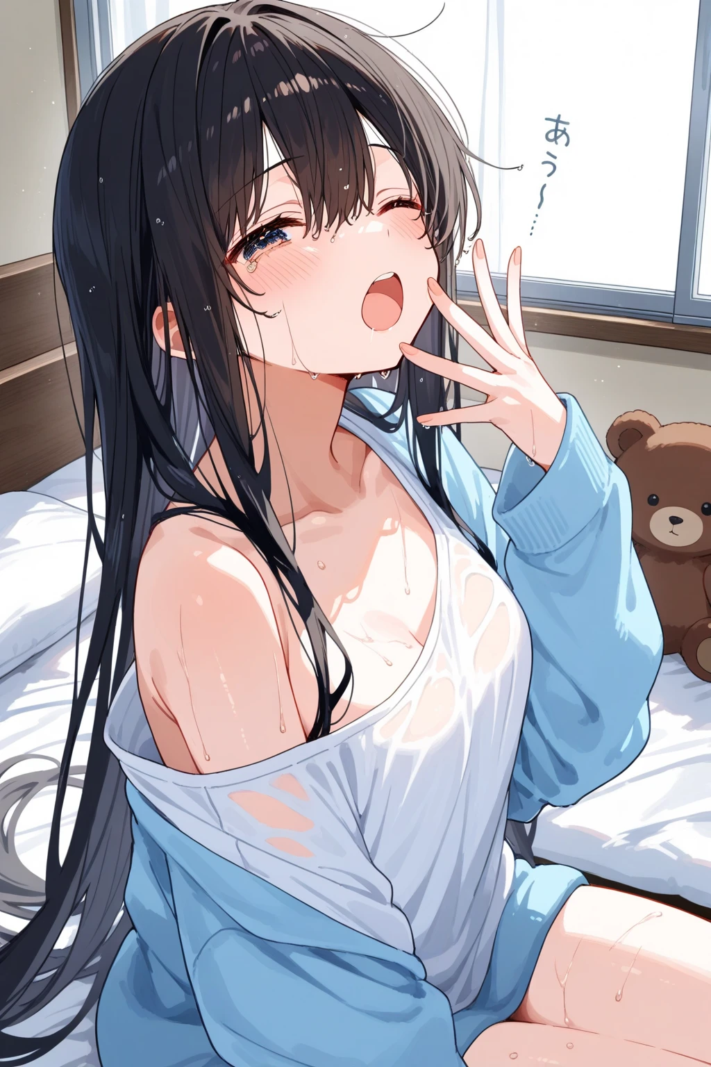 (Best quality, 8k, 32k, Masterpiece, UHD,:1.2),RAW, 1girl,ultra cute , natural lighting,transparent shining eyes, 20yo ,fair complexion, dark brown hair, french braid, flushed face,femur, medium hair, sports bra, panties, Sweat, ponytail, lying on bed, medium breast, emphasizing the breast, upper body shot,(ecstasy:1.3) ,(slut:1.2), (vulgarity:1.3), (fucked silly:1.1),(steam:1.1),(wet:0.8),(trembling:0.8),(tears:0.7) ,(drooling:0.6),(sweat:0.8), embarrassed, blush, closed eye, open mouth, ((side view)), ((White Background))