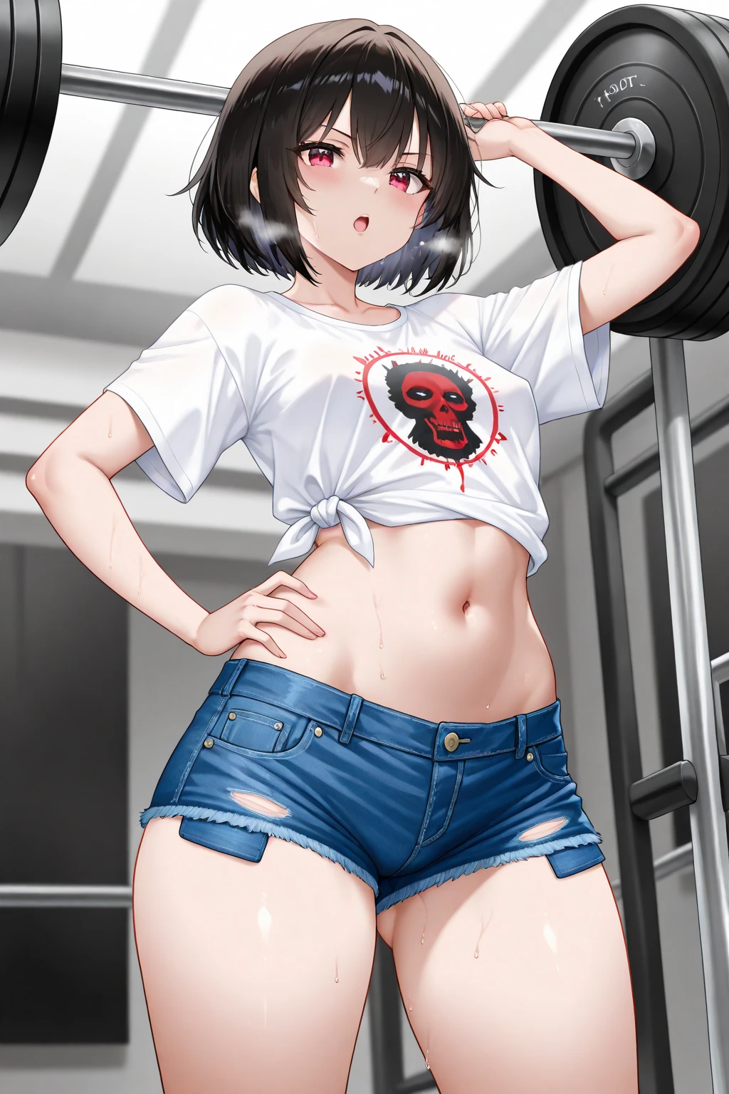 "(perfect masterpiece:1.2), (highest quality:1.2), stunning face, mature and chubby, Big eyes, compensate, long and luxurious eyelashes, lip whole, irresistible charisma.",belly button,((())),(((very short hair))),abs,raised his arms,((((sports bra)))),NSFW,(((muscle ))),black hair,((((flat chest)))),((boyish)),hairclip,(((bodybuilder))),collar,wet,(((((mini skirt))))), Thick thighs