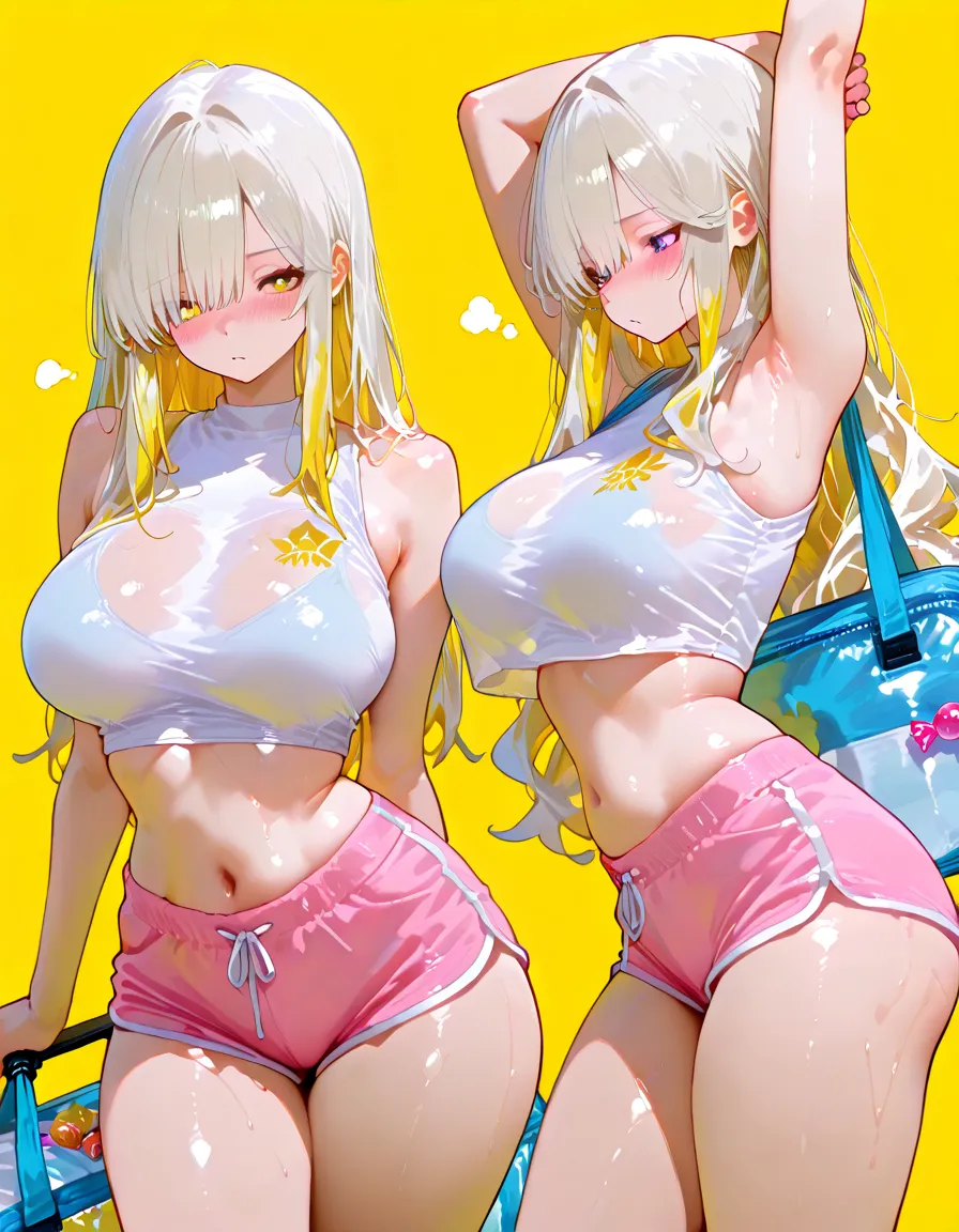 1girl, (thick eyebrows), tareme, big tits, blonde hair, very_long twin tails, full-face blush, half closed eyes,tegaki, Licking soft serve ice cream, strong midsummer sun, sweat, wet, see-through camisole, cum in 口,
masterpiece, best quality, very aesthetic, absurdres, highly detailed