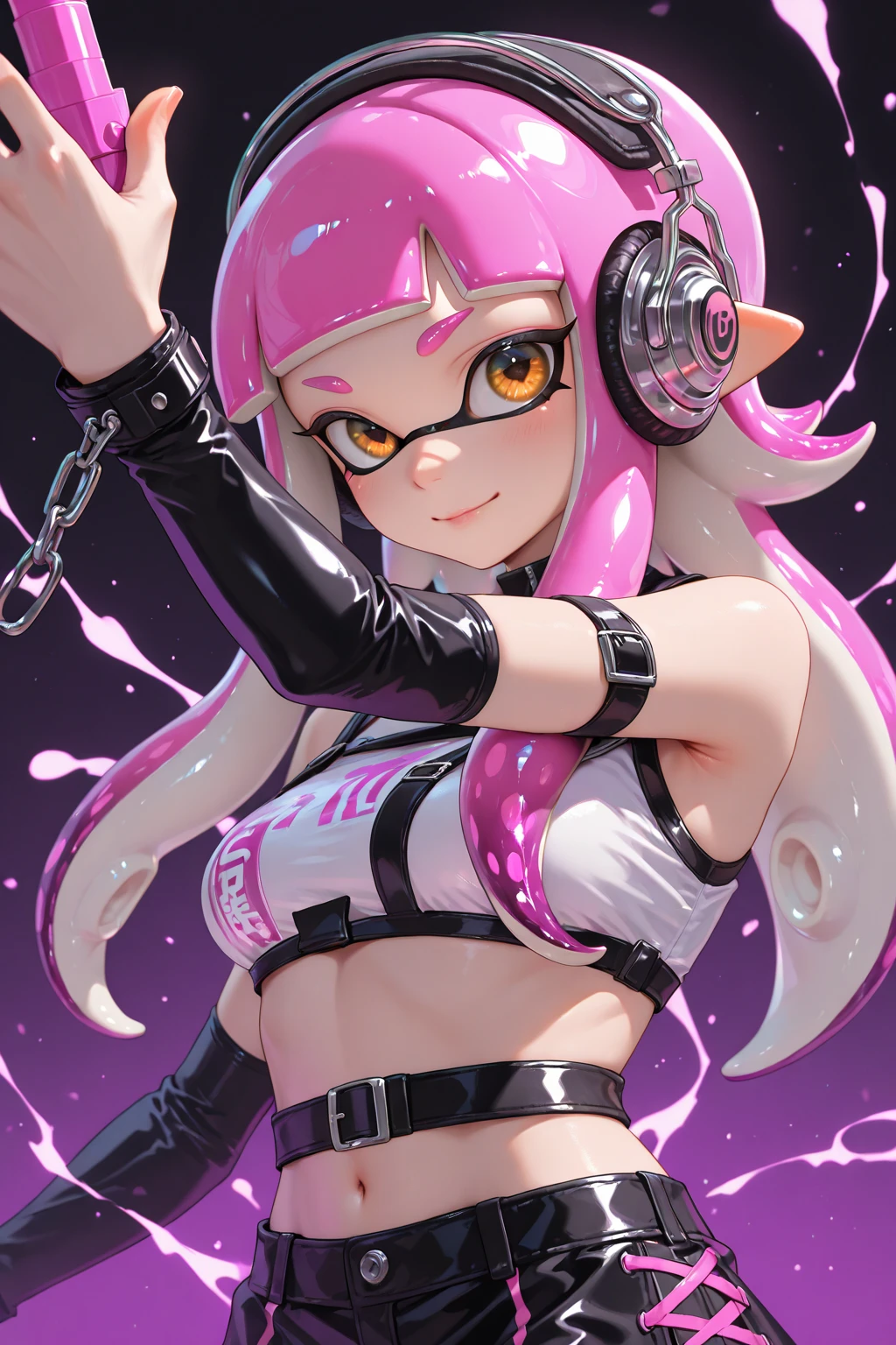 -Zoe\(Palworld\), One Splatoon girl, alone, Jacket, 赤い Jacket, Twin tails, Multicolored Splatoon Tentacle Hair, Open Mouth Smile, jewelry, Have, View your viewers, Beautiful Face、A slightly thinner face、Detailed Description、necklace, Golden glowing eyes, Crop top, Long Hair, whole body, choker, Red sun visor, chest, open Jacket, Virtual YouTuber, Open front clothing, Pink Hair, black choker,  bikini、Part your lips, gigantic breast、chestの谷間, bangs、Raise your arms、Sexy dynamic pose、Spread your legasterpiece、Highest quality、High resolution、Real Anime、3d、